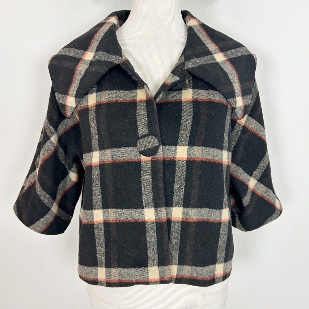 Vtg Uniform JPR Black Plaid Wool Blend Short Swing Jacket Size Large Womens
